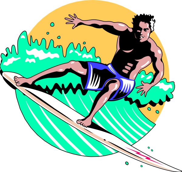 The illustration depicts a man surfing on an orange wave with green ocean foam around him; he is wearing blue swim trunks and has his arms outstretched for balance while riding the board in front of palm trees, under clear skies.