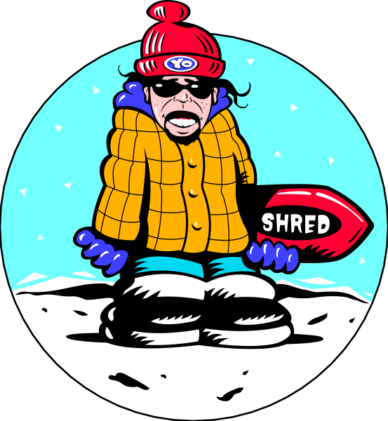 The cartoon shows a person wearing an orange jacket with hood up, sunglasses on face, holding what appears to be a red object labeled "SHRED," standing in front of snow-covered ground under dark sky at nighttime.