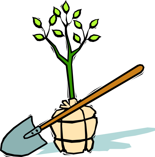 The image shows a cartoon of two panels with different scenes: In panel 1, there is an upside-down tree in a pot on top of water; next to it stands a shovel labeled "Planting." Panel 2 depicts the same scene but now includes a small plant growing from the soil. The backgrounds are black and white with no additional details or objects present. There's also an image of a spade in panel 1, which is not part of either tree scenario; it appears to be unrelated to them. No people, animals,
