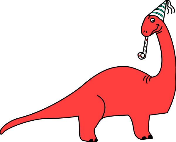 The image shows a cartoon of an orange dinosaur standing next to another smaller red dinosaur with party hats on their heads in front of what appears to be a black background.
