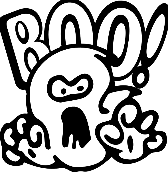 The image shows a cartoon ghost with an excited expression holding its hands up to either side of itself as if it's celebrating something like Halloween.