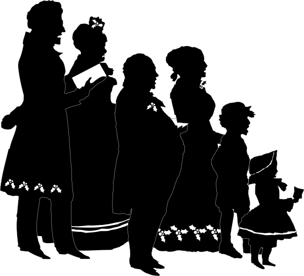 The black and white silhouette of a family walking together with various members carrying items like books and handbags; there is also an adult figure holding what appears to be a small child's hands in front, suggesting guidance or protection.