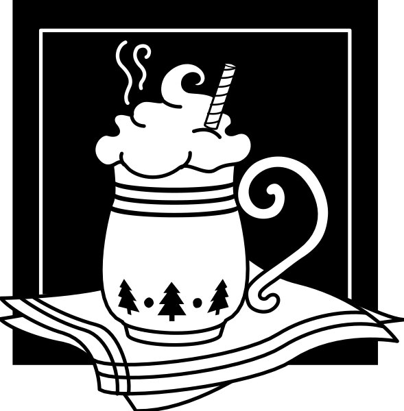The black and white illustration shows a cozy scene with two cups of hot beverages on top of each other; one cup has steam rising from it while another is adorned by pine trees around its rim, suggesting warmth and comfort in wintery surroundings.