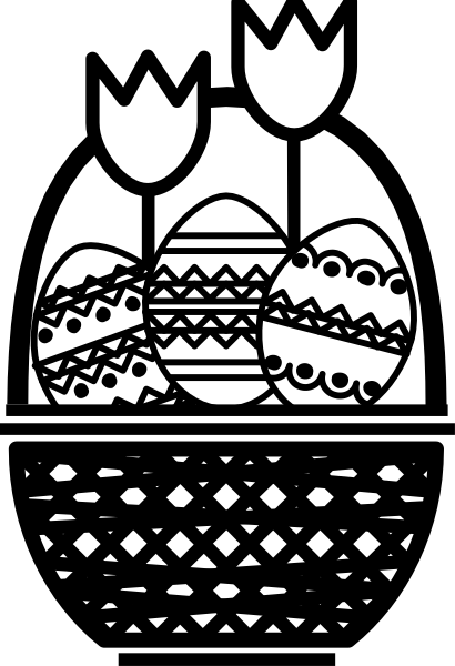 The black and white illustration shows three eggs with patterns on them placed next to each other against a dark background; there is no text present in this image.