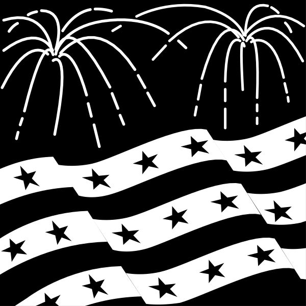 The black and white illustration shows a flag with stars on it flying against an American Flag background during fireworks display at nighttime.