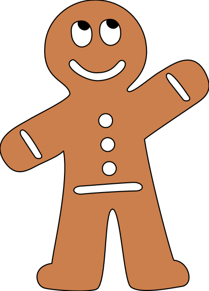 The image shows a cartoon gingerbread man character with arms outstretched against a black background.