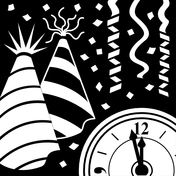 The black and white silhouette of a volcano eruption with party confetti around it.