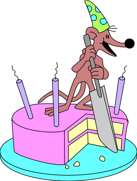 The cartoon depicts a cake with candles on it being cut by an alien creature holding knives while standing next to another similar-looking figure also wielding utensils near cakes in what appears to be a kitchen setting, all set against a black background.