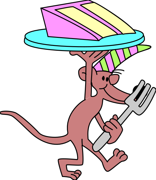 The image features a cartoon character holding an oversized fork with cake on it against their face while standing next to what appears to be a slice of pie in front of them.