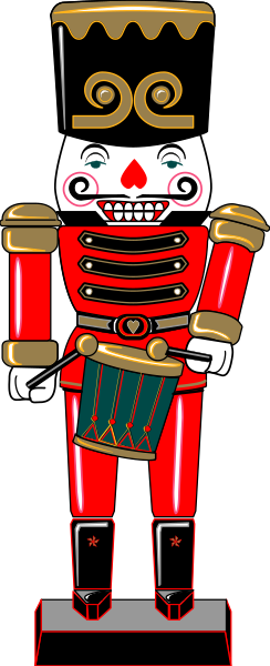 The image shows a red marching band uniform with gold trim on an animated character that resembles a clown-like figure standing in front of it.