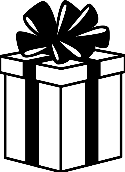 The image shows a black and white illustration of an unwrapped gift box with a ribbon on top against a gray background; there is no text present in this clip-art image.