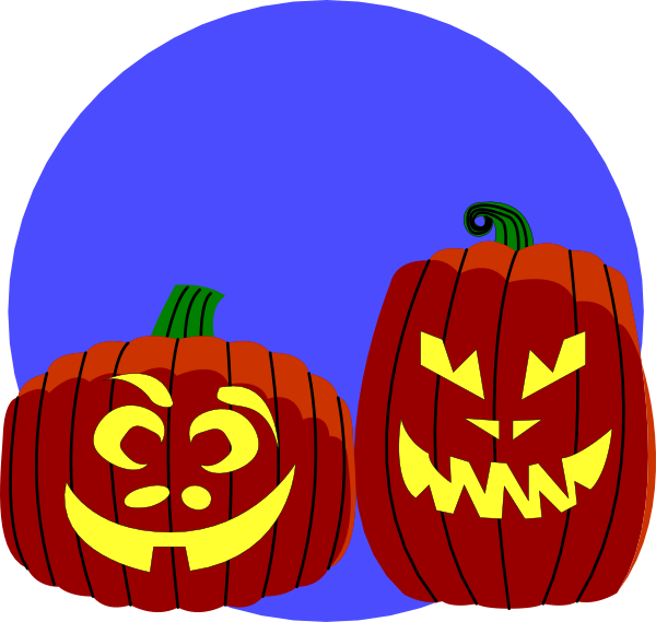 The illustration shows three jack o' lanterns with carved faces placed side by side against a dark background; each pumpkin has different facial expressions: one is smiling broadly, another looks surprised, and the third appears to be frowning slightly while displaying teeth in its mouth.