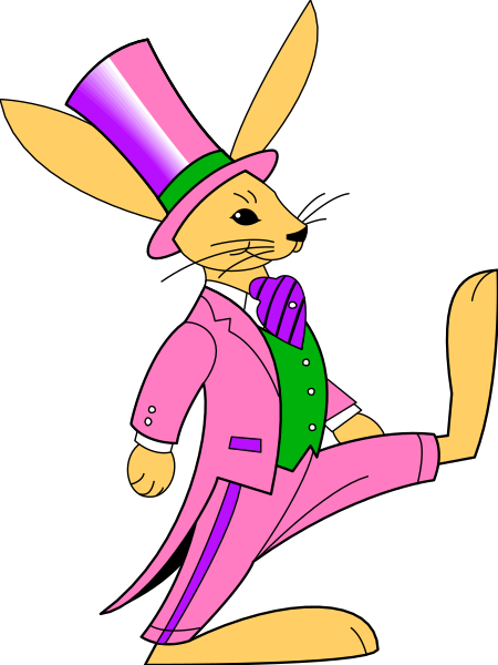 The image shows a cartoon rabbit dressed as an entertainer with pink pants, top hat, cane, bow tie, and mustache, standing on one leg while holding another in front of it; there is no background detail provided.