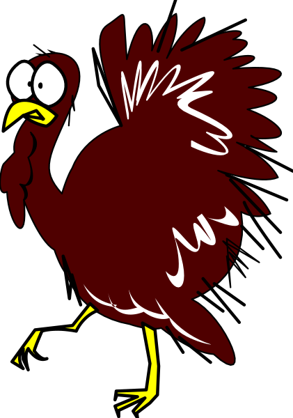 The image shows a cartoon turkey standing on two legs with its wings spread out against a black background.