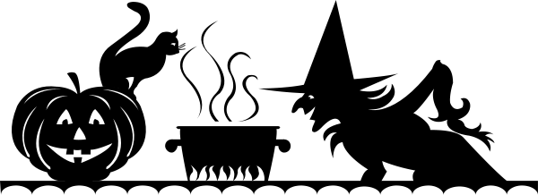The image shows a black and white Halloween banner with silhouettes of pumpkins at each end against an orange background.