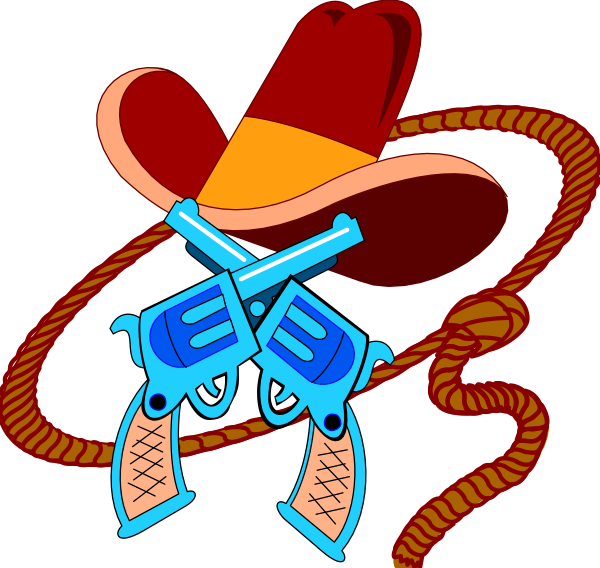 The image features a cartoon depiction of two guns crossed over each other with cowboy hats hanging from them on either side; one hat is brown while the other has an orange band around it. A rope coils in front, and there's a small pistol holster attached to the belt loop at the bottom right corner.