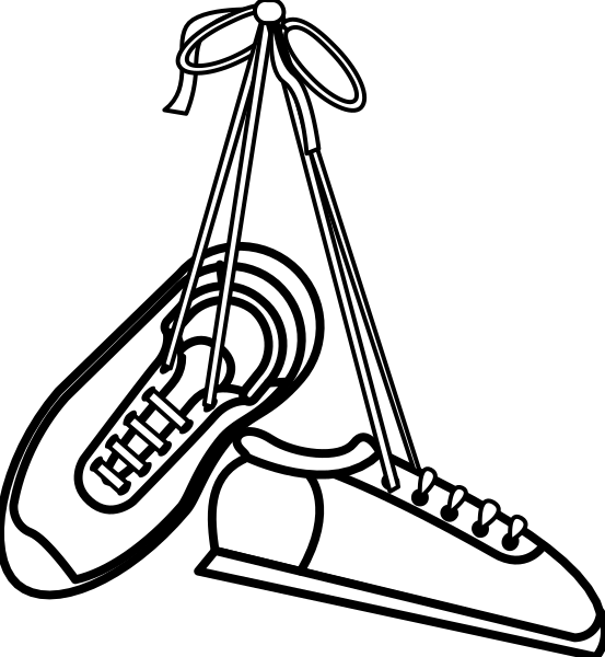 The black and white illustration shows a pair of skis with bindings hanging from an object that resembles a shoehorn on its side against a dark background; there is no text present in this image.