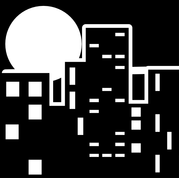 The black and white silhouette of a cityscape at night with buildings, moon, stars, and an outline that suggests it is raining.