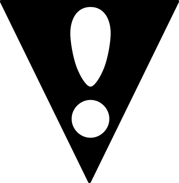 The image shows a black exclamation mark with two white dots on either side of it against a dark background.
