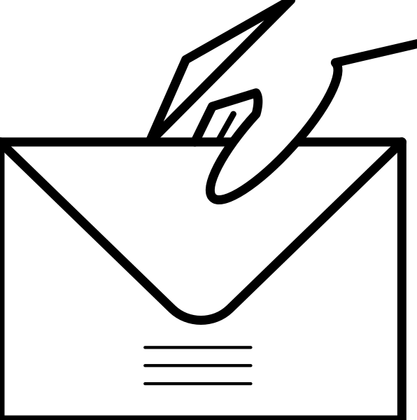 The image shows a black and white graphic with two envelopes on either side of an arrow pointing to them from above; one envelope has a pencil design inside it while the other is empty.