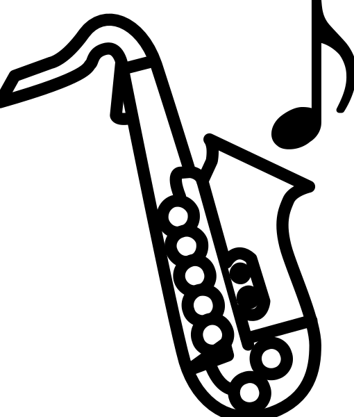 The image shows a black saxophone with white keys against a gray background on top of which there is text that reads "Saxophones."