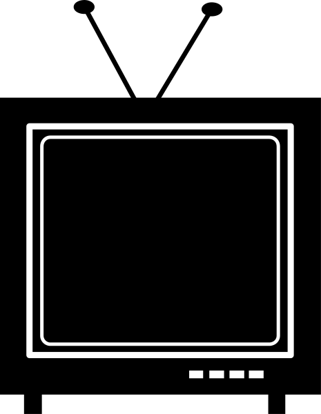 The black and white image shows a simple representation of an old television set with two antennas on top against a dark background.