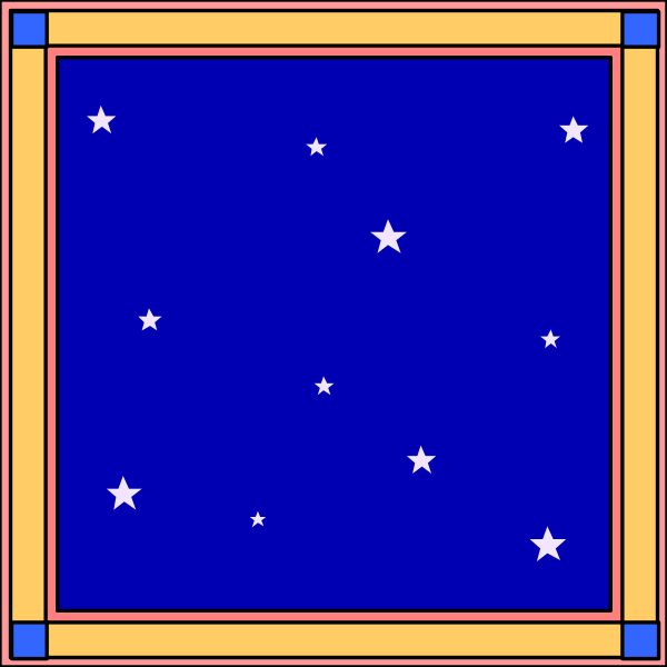 The image shows a blue starry night sky with white stars on it inside of an orange border that has pink lines forming squares around each other in what appears to be a tiled pattern.