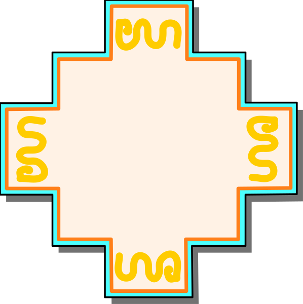 The image shows a stylized graphic of an abstract geometric shape resembling a cross with four arms extending outward from its center, each adorned with what appears to be text in different orientations; it is set against a dark background and has no additional context or details provided within the frame.