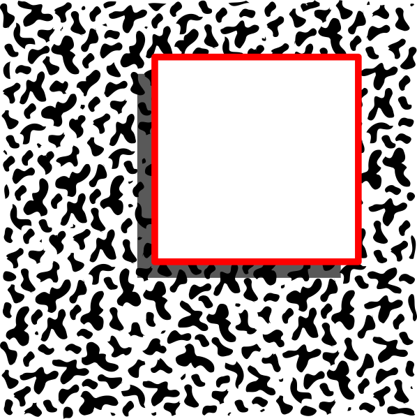 The image shows a red square with white border on top of black background to its left side.