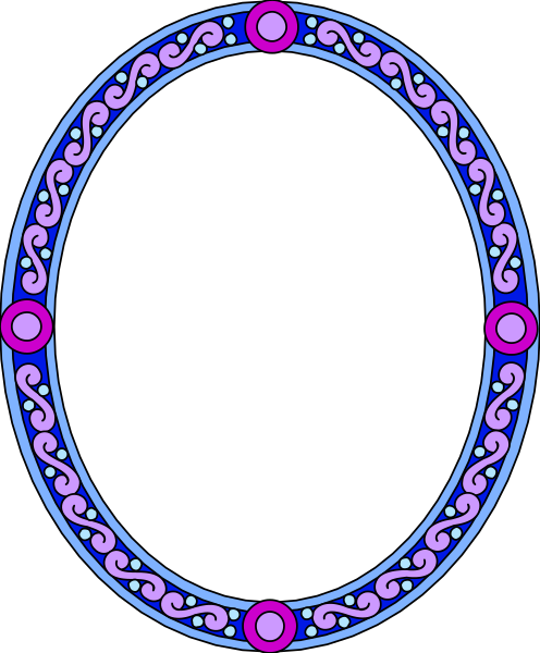 The image shows a stylized oval mirror with an intricate blue border featuring decorative elements such as circles and lines within it against a white background.
