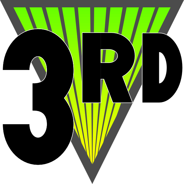 The image shows a graphic with text that reads "3RD STREET" on top of an abstract design resembling rays emanating from two points at either end of what appears to be a stylized letter 'V'.