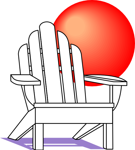 The image shows a cartoon of an Adirondack chair with two wooden slats on its backrest facing towards a sunset over water under a red sky.