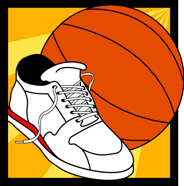 The image features a black sneaker with white laces against an orange background that has stripes resembling basketball hoops on either side of it.