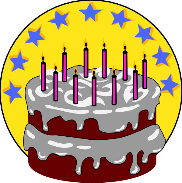 The image shows a birthday cake with candles on it against a starry background.