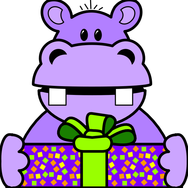 The image shows a cartoon character holding an open gift box with colorful confetti inside it while standing against a black background; there is also another similar but smaller version of this scene inset to its right, and both feature purple elephants wearing party hats atop their heads.