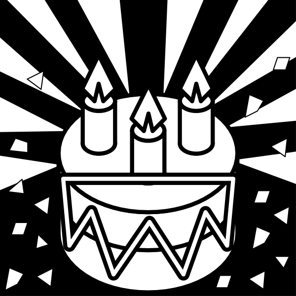 The black and white illustration shows a birthday cake with candles on it surrounded by confetti pieces that resemble stars in an explosion effect against a dark background.
