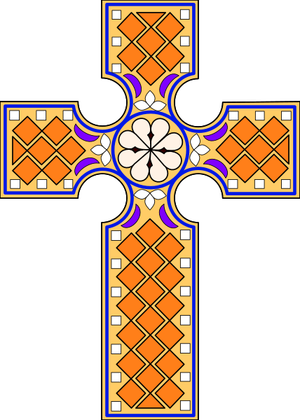 The image shows a cross with intricate designs on it against a dark background.