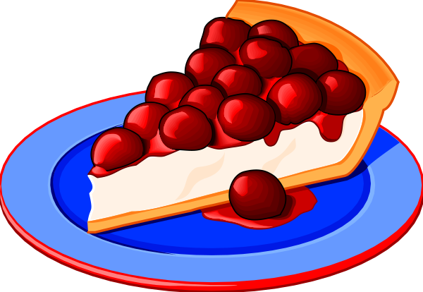 The image shows a slice of cake with red berries on top placed next to another whole pie also adorned with red berries in an oval dish against a dark background; there is no text present, and it appears to be a simple illustration without any additional context or setting provided.