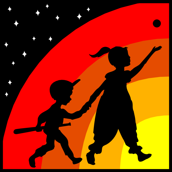 The image shows a colorful illustration of two children holding hands under an orange sky with stars at nighttime; there is no text present in this clip-art image.