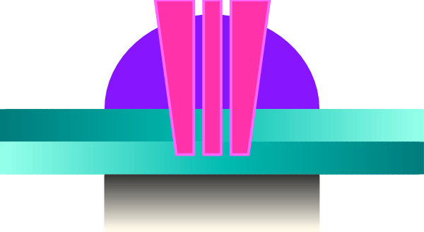 The image shows a pixelated graphic with three vertical bars of varying heights against a dark background on the left side; in front is an abstract design resembling two overlapping circles connected by lines that form what appears to be a stylized letter 'W' or possibly another symbol, set within a purple and pink gradient.