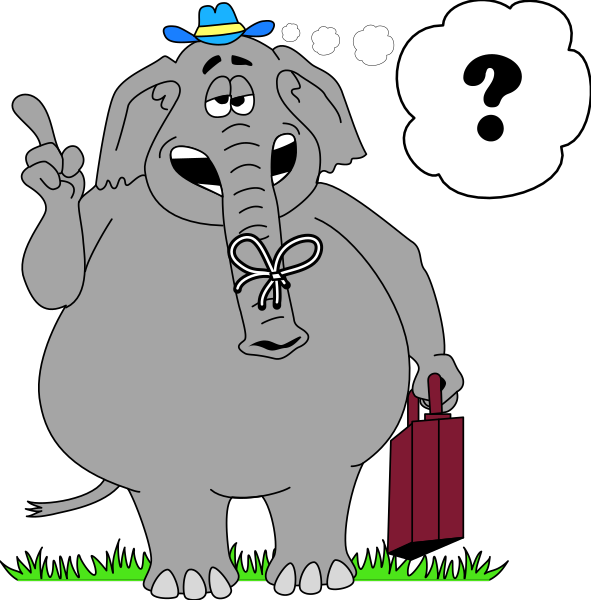 The cartoon shows two panels with an elephant character who appears to be a detective due to its attire: it's wearing sunglasses like a private eye might wear them in film noir fashion, and there is a magnifying glass on top of its head as well. In the first panel, we see only half of the elephant; just enough for us to recognize that this character has been anthropomorphized with human-like features such as arms holding an open umbrella (suggesting it's raining) and a thought bubble containing question marks above its