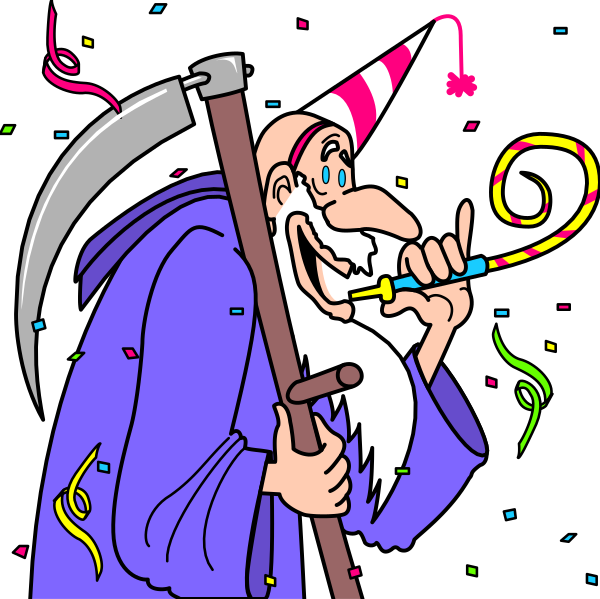 The cartoon depicts a bearded man with glasses playing an accordion while holding two knives crossed over his chest in front of him; he is surrounded by confetti that has fallen around him from above, suggesting celebration or festivity.