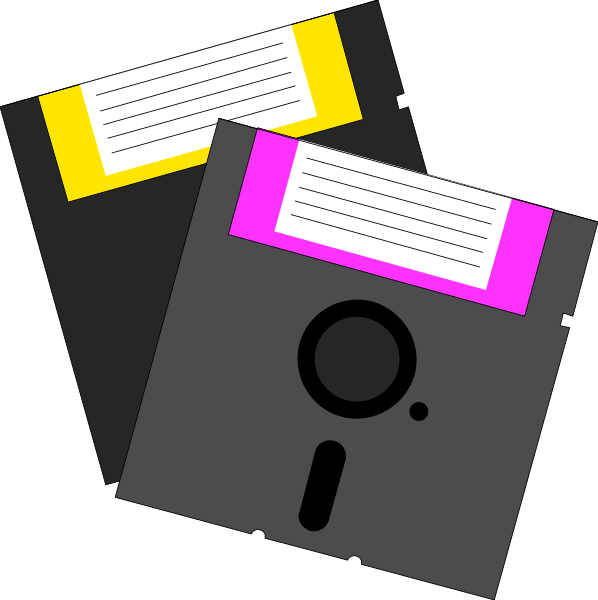 The image shows a floppy disk with an open label on it next to two blank labels that resemble sticky notes.