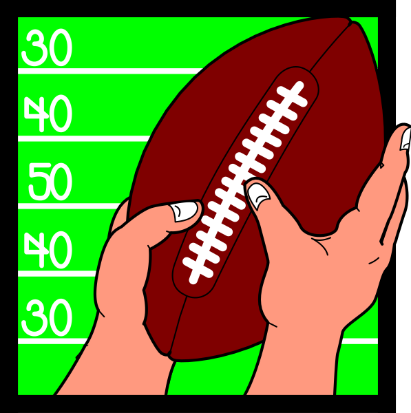 The image shows a red football with numbers on it being held by two hands against a green background; there is also text that reads "30" in white font at top right corner of picture.
