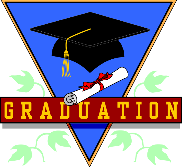 The image shows a stylized graphic of an academic cap with tassel on top, flanked by two leaves at either side; in front is a scroll that reads "Graduation" above a banner labeled "Class Of 2016." Below this text are three red seals. In the center between these elements stands a diploma or certificate bearing an open book and a graduation cap, symbolizing education achievement. The background of the image is blue with white borders at top and bottom. There's no visible human activity in the scene; it appears to be
