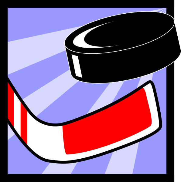 The image shows a hockey puck with two sticks on either side of it against a purple background that has white lines radiating from one corner to another creating an abstract pattern resembling light rays.
