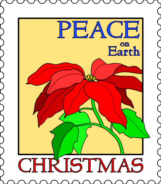 The image features a Christmas card with an illustration of poinsettias on either side framing text that reads "Peace On Earth" at top and "Christmas" below it in red letters, set against a yellow background.