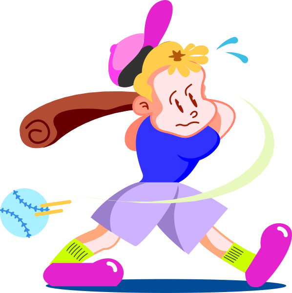 The image shows a cartoon of an animated character swinging at baseballs with a bat while wearing shorts, shoes, socks, and holding a glove in one hand.