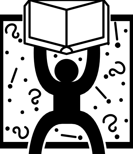The black and white illustration shows a person holding an open book with their left hand while standing next to what appears to be a desk in front of them.