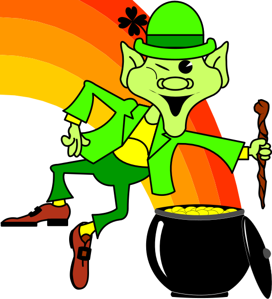 The cartoon depicts a character dressed as an Irish leprechaun standing next to a pot of gold with rainbow stripes in the background.